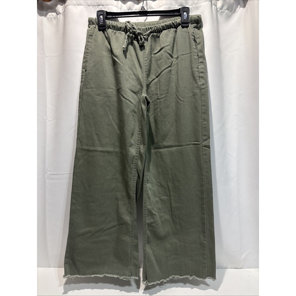 Women's Vanilla Star Wide Leg Khaki Green Stretch Jeans Drawstring Raw Hem S